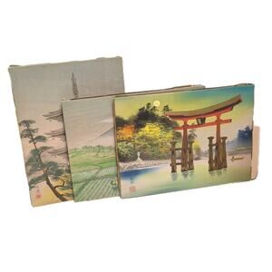 Japanese Silk Wall Art Tapestry Mt Fuji Torii Gate Temple Landscape Vintage